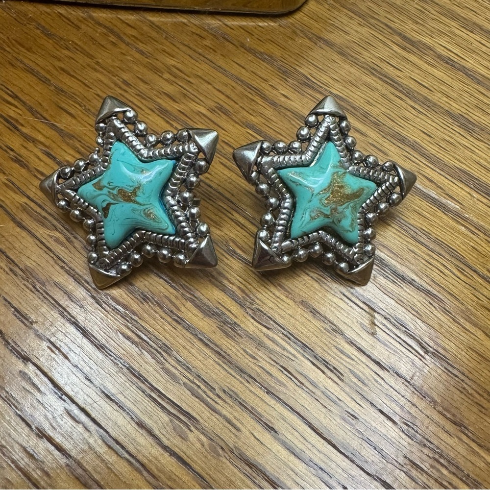 Vintage Mojave Turquoise Star Clip-On Earrings Silver Tone (Sterling? Untested) - Picture 2 of 8